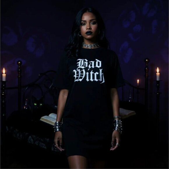 Bad Witch Graphic Tee W/ Gothic Print & Striped Arm Warmers – Trickz N Treatz - Picture 4 of 7